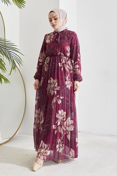 InStyle Φόρεμα Hijab σιφόν με πλισέ μοτίβο Serena - Plum