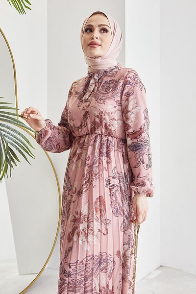InStyle Serena Hijab-Kleid aus plissiertem Chiffon mit Blumenmuster – Dusty Rose