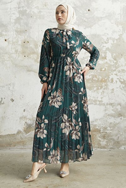 InStyle Serena Flower Pattern Pleated Chiffon Dress - Green