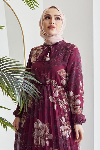 InStyle Φόρεμα Hijab σιφόν με πλισέ μοτίβο Serena - Plum
