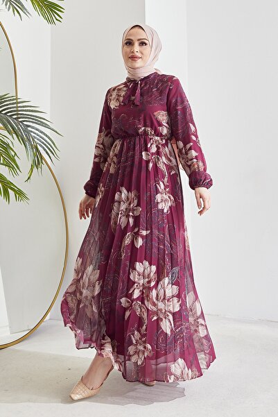 InStyle Serena Flower Pattern Pleated Chiffon Hijab Dress - Plum