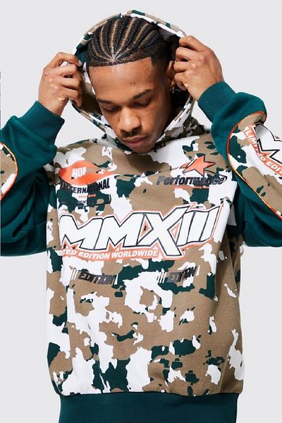 NEWLAKER Унисекс суитшърт с качулка Motosport Oversize Camouflage