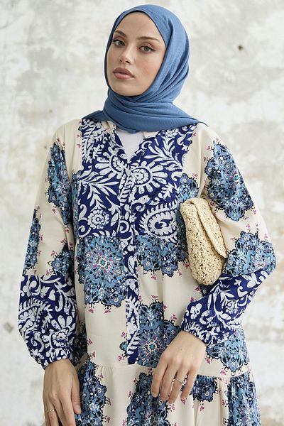 InStyle Φόρεμα με ψηλό γιακά με σχέδιο - Μπλε