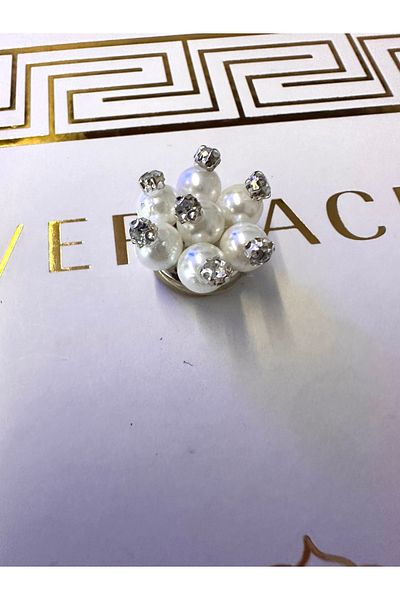 ODDA TASARIM ATÖLYESİ Carefree Button with Flower Model Pearl and Crystal Stone Plug-and-Stick Clip