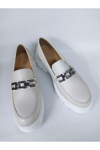 Mira Deri Beige Iron Detailed Genuine Leather Platform Heeled Women's Loafers