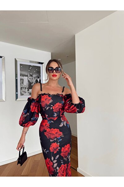 1Moda1Tarz Kadın Siyah Çiçek Baskılı Krep Kumaş Madonna Yaka Kolye Askılı Bele Oturan Elbise