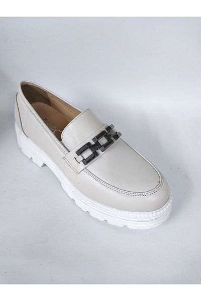 Mira Deri Beige Iron Detailed Genuine Leather Platform Heeled Women's Loafers