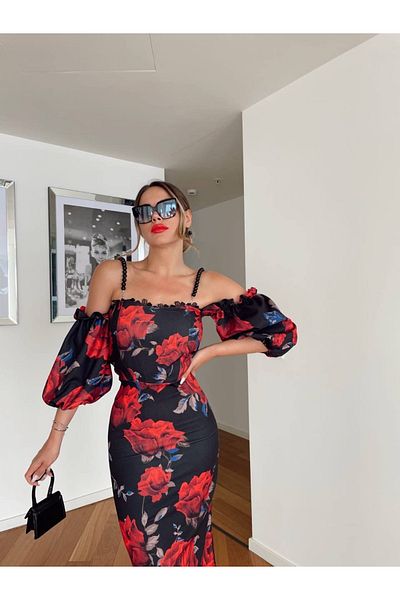 1Moda1Tarz Γυναικείο μαύρο φλοράλ εμπριμέ κρεπ ύφασμα Madonna κολιέ με λουράκι στη μέση φόρεμα