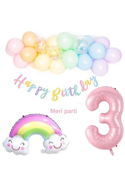 MERİ PARTİ MAKARON BIRTHDAY CONCEPT SET MAKARON BALLON CHAIN RAINBOW FOIL BALLON FIGURE BALLON BANNER