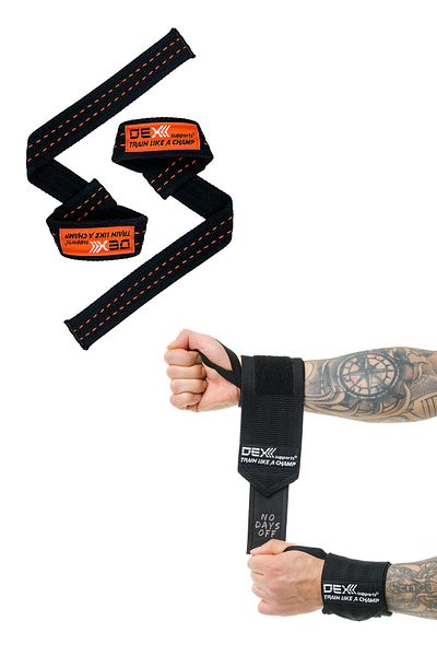 Dex Supports Lasting Energy Sports Wristband Wrist Wraps Black + Weightlifting Strap Straps Orange Set of 2