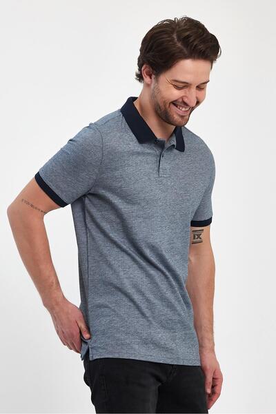 FİHA /7019-ЧОЛОВІЧИЙ ПОЛО З ДІАМЕТРИЧНИМ ВІЗЕРУНКОМ - СИНІЙ