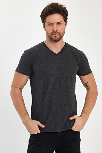 FİHA /9035-ERKEK COMPACT PENYE V YAKA T-SHIRT - ANTRASİT