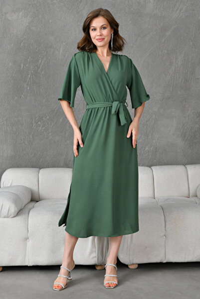 bayansepeti Πλαϊνό σκίσιμο ελαστικό μέσης ζωσμένο μανίκι νυχτερίδα Midi Μήκος 130 cm Χακί Φόρεμα Διπλό γιακά 097