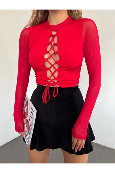 ELBEY TURTLEAN FRONT STRING LOW-CHEST LONG SLEEVE BLOUSE