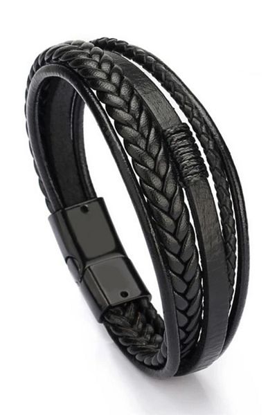 Erdem Men's Genuine Leather Braid Magnetic Buckle Braided Bracelet