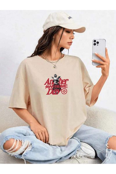Boi Another Awesome Day Design Printed Unisex Oversize Πολύχρωμο T-shirt - Ασπρόμαυρο φαρδύ μπλουζάκι