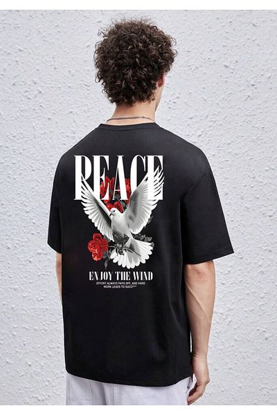 DEEPSENCE Unisex Oversize Peace Dove Back Printed Βαμβακερό T-shirt Μαύρο