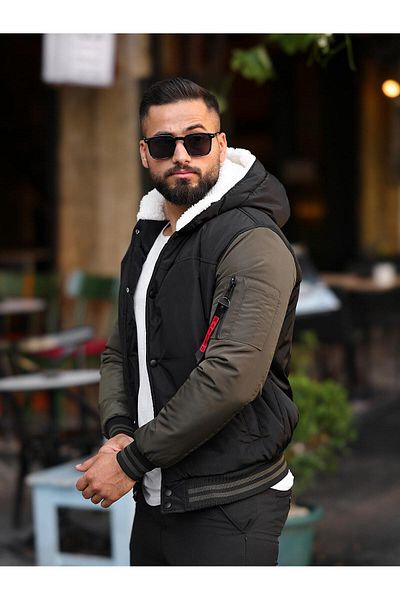 BearGlam Men's Buttoned Fur Hooded Coat