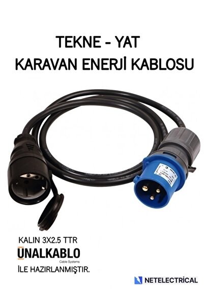 ünal kablo Tekne ve Karavan Enerji Kablosu 2 Metre - Kauçuk Dişi Priz + 3/16A...