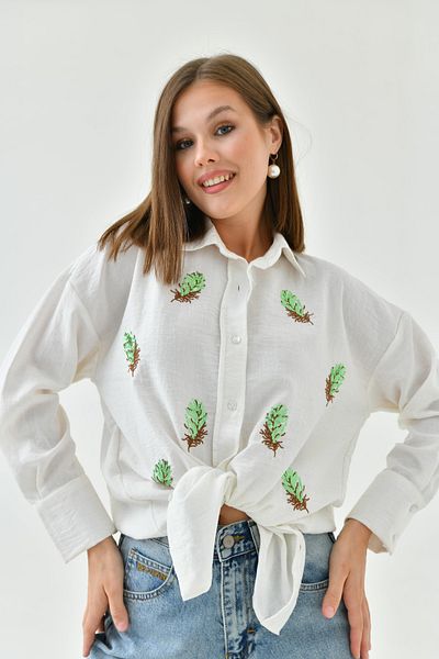 Perryes Women's Leaf Pattern Sequin Sequin and Embroidery Embroidered Cotton Flame Shirt Ecru