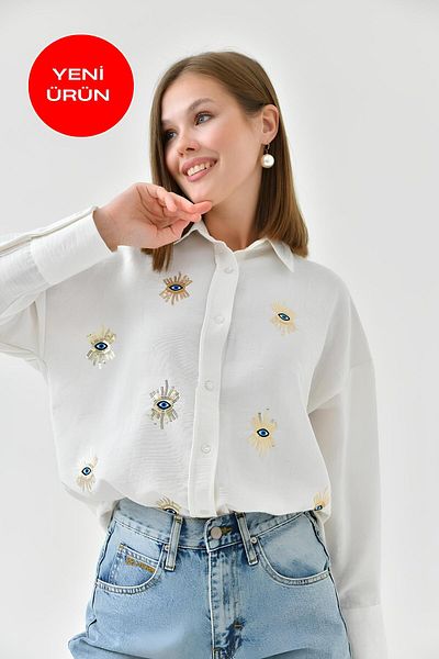 Perryes Women's Eye Pattern Sequin Sequin and Embroidery Embroidered Cotton Flared Shirt Ecru