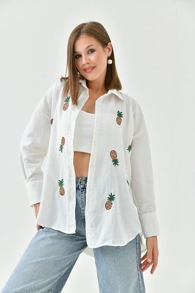 Perryes Women's Pineapple Pattern Sequin and Embroidery Embroidered Cotton Flame Shirt Ecru