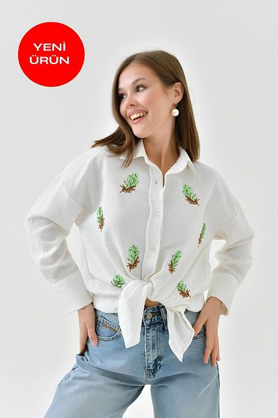 Perryes Women's Leaf Pattern Sequin Sequin and Embroidery Embroidered Cotton Flame Shirt Ecru