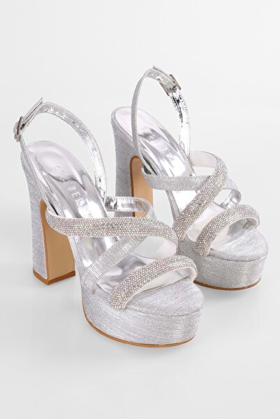 Shoeberry Women's Lorena Silver Glittered Stone Platform Heeled Shoes