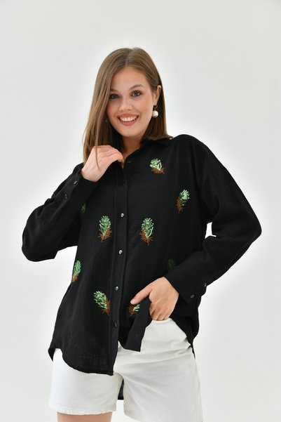 Perryes Women's Leaf Pattern Sequin Sequin And Embroidery Embroidered Cotton Flared Shirt