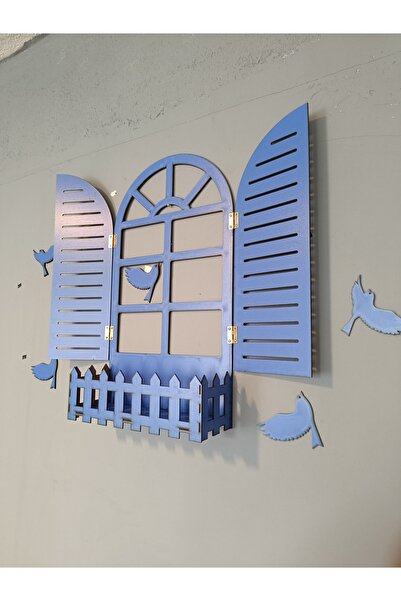 NED MDF LAZER DEKARASYON MAVİ PANJUR KUŞLU PENCERE TEMALI ÇİÇEKLİK AHŞAP MDF LAZER KESİM 3MM DUVAR SÜSÜ