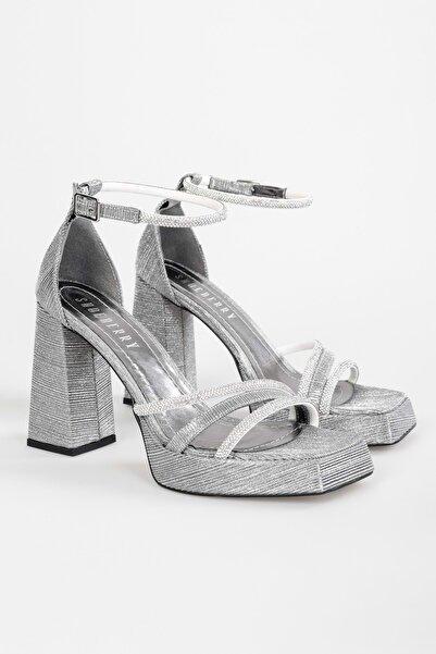 Shoeberry Kadın Dian Platin Simli Platform Topuklu Ayakkabı