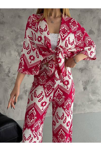 Butik Beyza Patterned Lycra Wrapped Fabric Summer Kimono Set