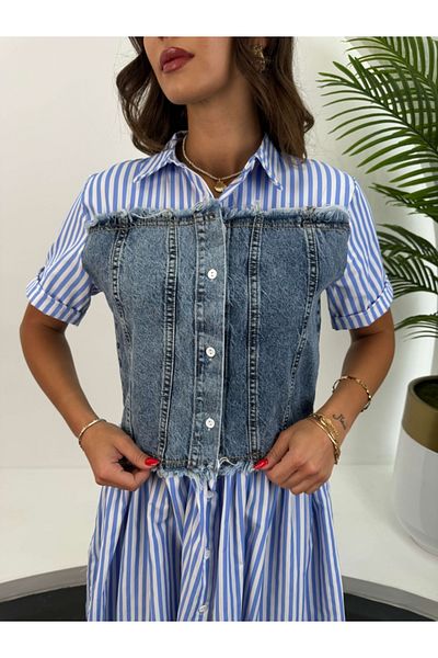 Elif Özbey Butik Rochie cămașă detaliată cu corset în jean cu dungi albastre