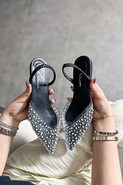 SHOEBELLAS Margo Siyah Şeffaf İnci Detaylı Kadın Babet