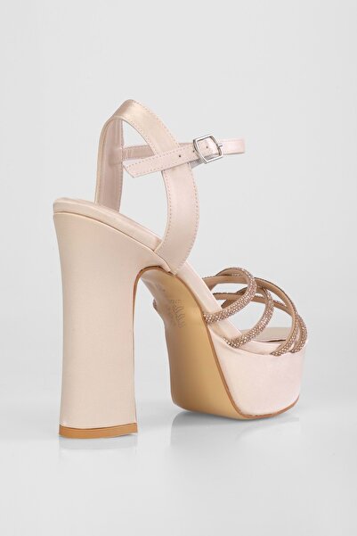 Shoeberry Women's Mersea Skin Satin Stone Platform Heeled Shoes