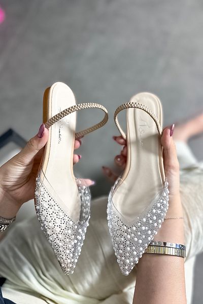 SHOEBELLAS Γυναικείες μπαλαρίνες Margo Beige διάφανες πέρλες με λεπτομέρειες