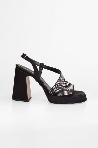 Shoeberry Women's Caden Black Satin Stone Platform Heeled Shoes