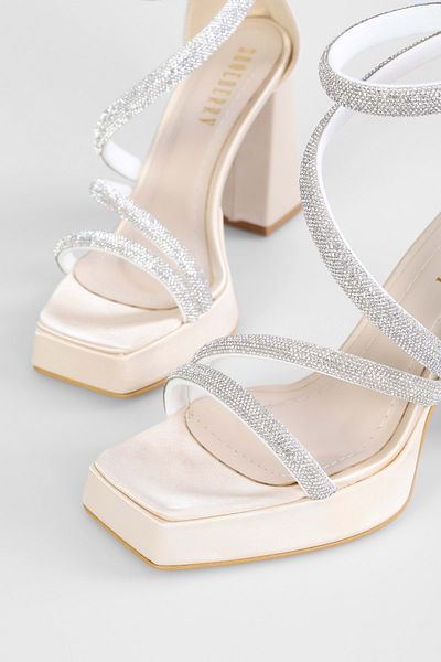 Shoeberry Women's Skya Ten Satin Stone Platform Heeled Shoes