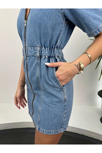 Elif Özbey Butik Rochie din denim cu fermoar în față cu talie elastică