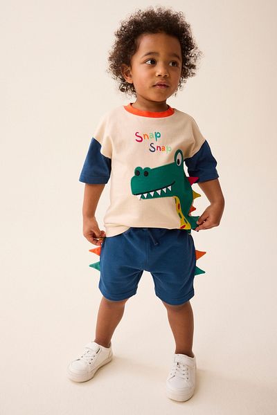 Next Baby Dinosaur Patterned 100% Cotton Blue Shorts Set - Short Sleeve