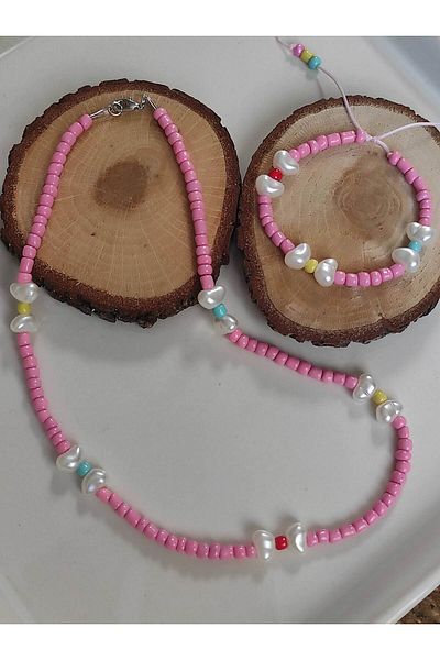 Amabel Jewelerys Pink Bead Necklace and Bracelet Children's Set