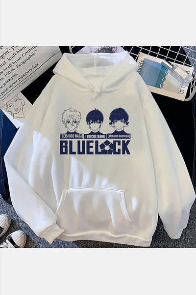 POPULUS Blue Lock Face White Hooded Sweatshirt