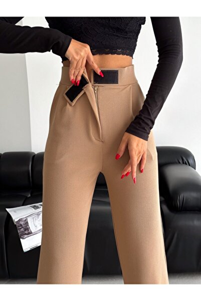 KaSheHa Bej Yüksek Bel Cepli Cırt Belli Palazzo Kadın Pantolon 102 Cm