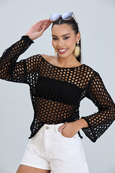 hanope Bluză neagră din tricot cu mânecă lungă Valon cu mâneci cu fante din p...