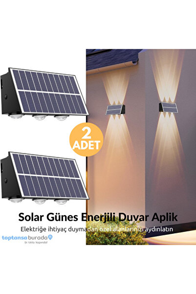 TechnoSmart 2Adet Güneş Enerjili Çift Taraflı 6 Ledli Aplik Sarı Işık Duvar Lambası Bahçe Aydınlatma
