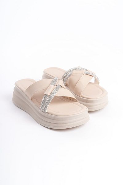 Joy Woman MILA Flat Heeled Stoned Cross Striped Thick and Orthopedic Sole Women's Slippers KT Cream
