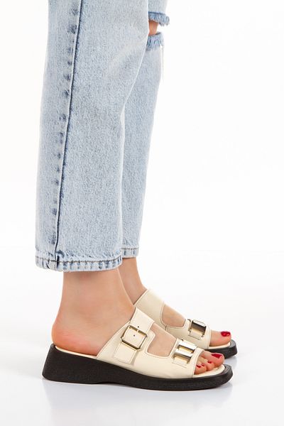 İLOLİCA Inner and Outer Genuine Natural Leather Women's Slippers with Metal Buckle