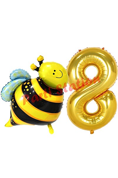 Parti Station Bee Arı Konsept 8 Yaş Balon Set Arı Balon ve Gold Rakam Balon D...