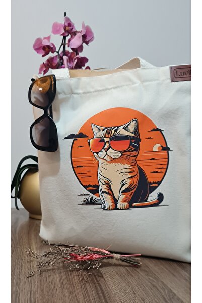 Luvili Bag, Printed Gusseted Canvas Bag with Pocket |   Cat with Sunset Glasses