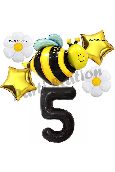 Parti Station Bee Bee and Daisy Concept 5 Years Old Balloon Set Bee Balloon and Black Figure Balloon Birthday Balloon Set